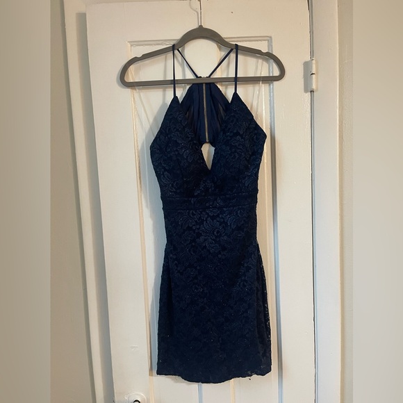 Juniors Emerald Sundae Lace Mesh Cutout Back Body-con Mini Dress Navy Blue Large - Picture 2 of 8
